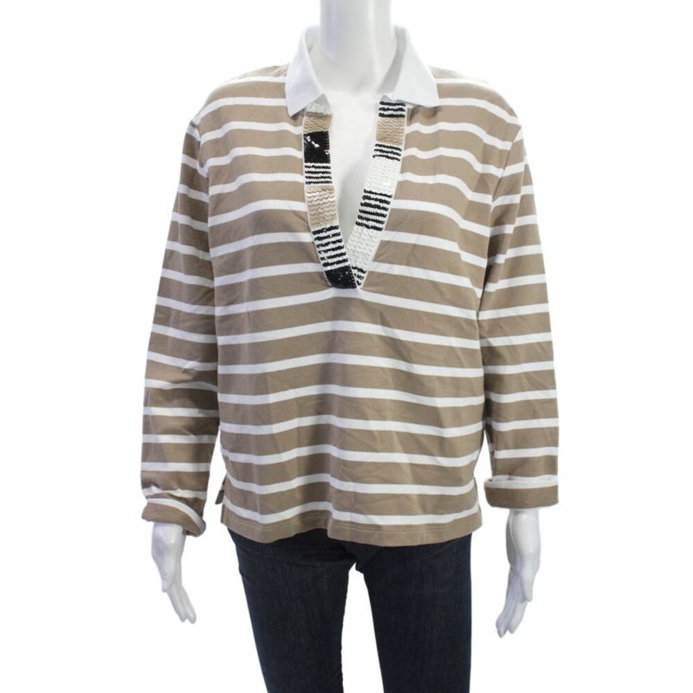 Margittes Women Basic Collared Striped Long Sleeve Blouse Beige Size 38